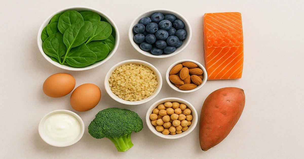 Top nutrient dens foods like spinach, salmon, eggs, quinoa, and almonds