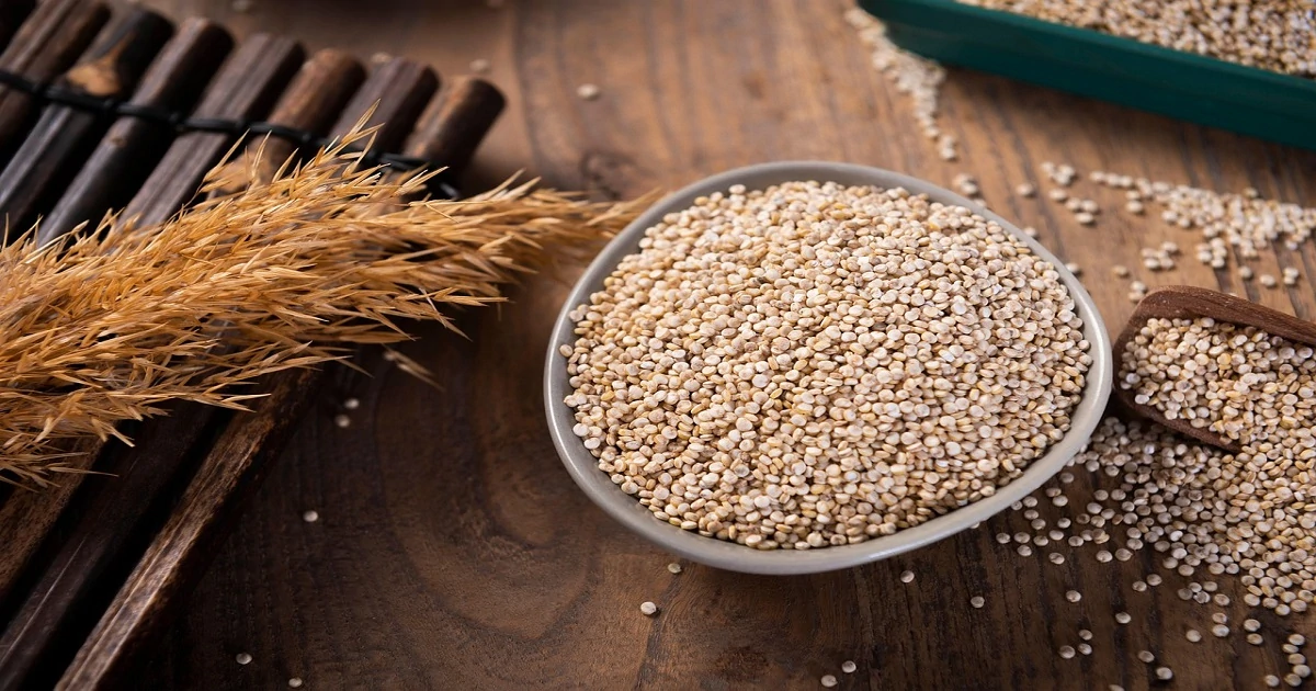 Quinoa shown as a complete plant protein source used in high protein foods for muscle growth diets.