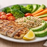 Balanced meal plate with vegetables, grains, and protein as part of a healthy diet