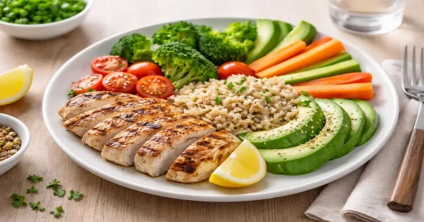 Balanced meal plate with vegetables, grains, and protein as part of a healthy diet