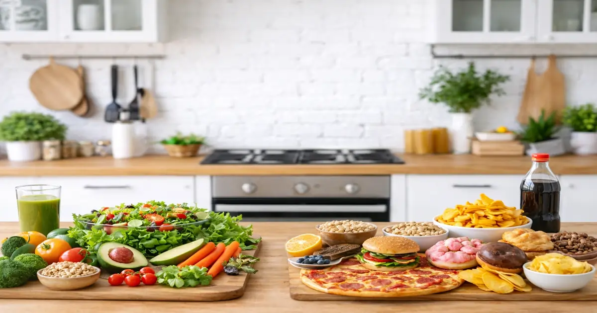 Everyday food choices placed together on a kitchen counter, showing mixed eating habits