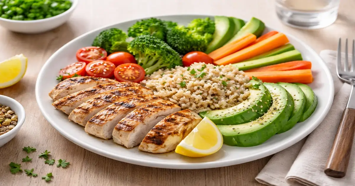 Balanced meal plate with vegetables, grains, and protein as part of a healthy diet