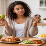 Person thoughtfully choosing between foods in a home kitchen, reflecting common healthy eating mistakes and balance
