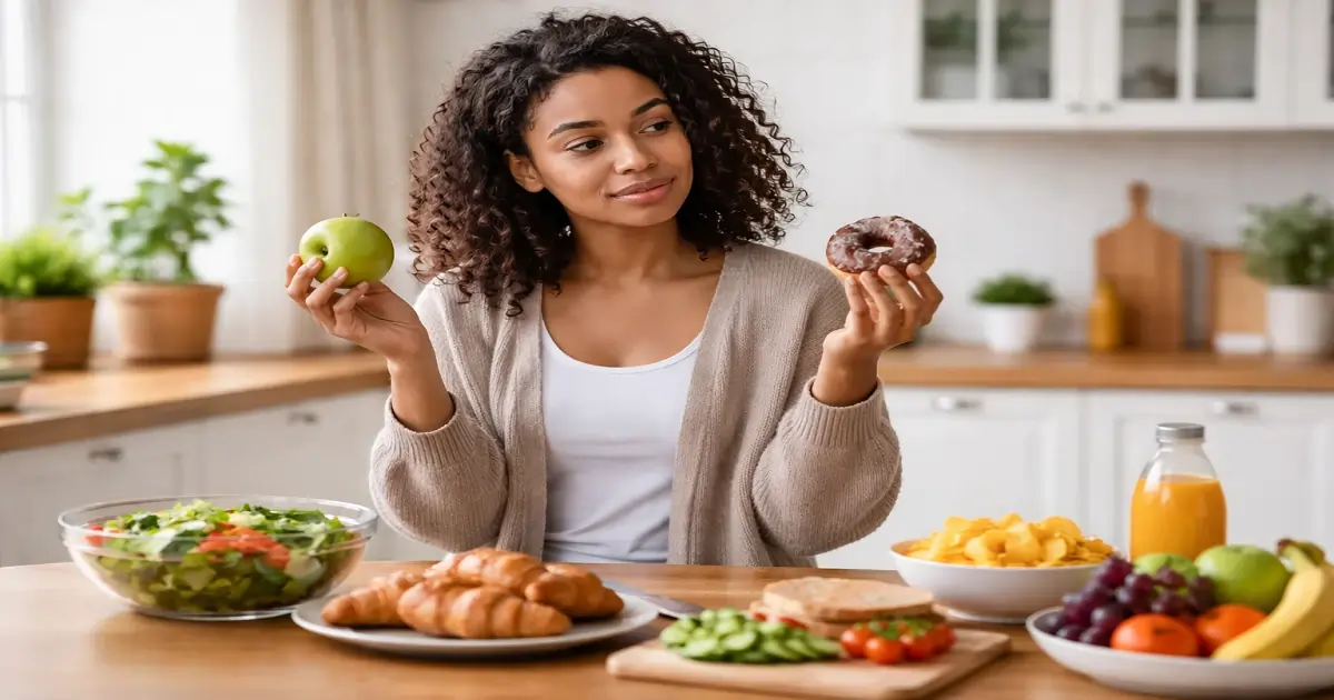 Person thoughtfully choosing between foods in a home kitchen, reflecting common healthy eating mistakes and balance