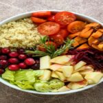 Balanced bowl with fruits, vegetables, whole grains, and plant foods representing everyday healthy eating