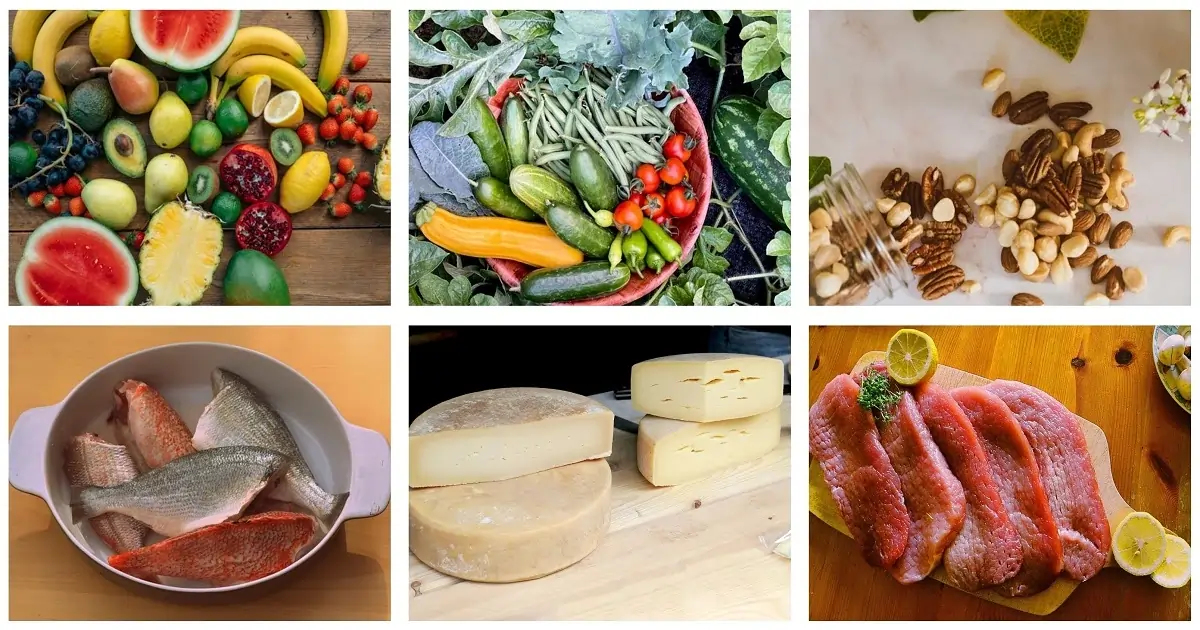 Examples of healthy food categories including fruits, vegetables, dairy, fish, nuts, and meat