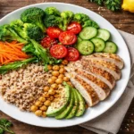 A balanced healthy food plate with vegetables, whole grains, protein foods, and healthy fats
