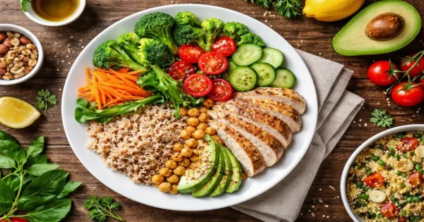 A balanced healthy food plate with vegetables, whole grains, protein foods, and healthy fats
