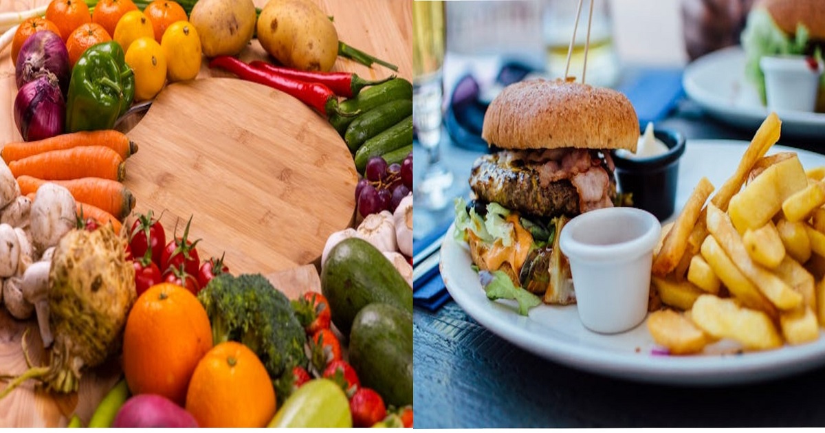 Comparison of whole foods like fruits and vegetables with processed fast food items on a plate