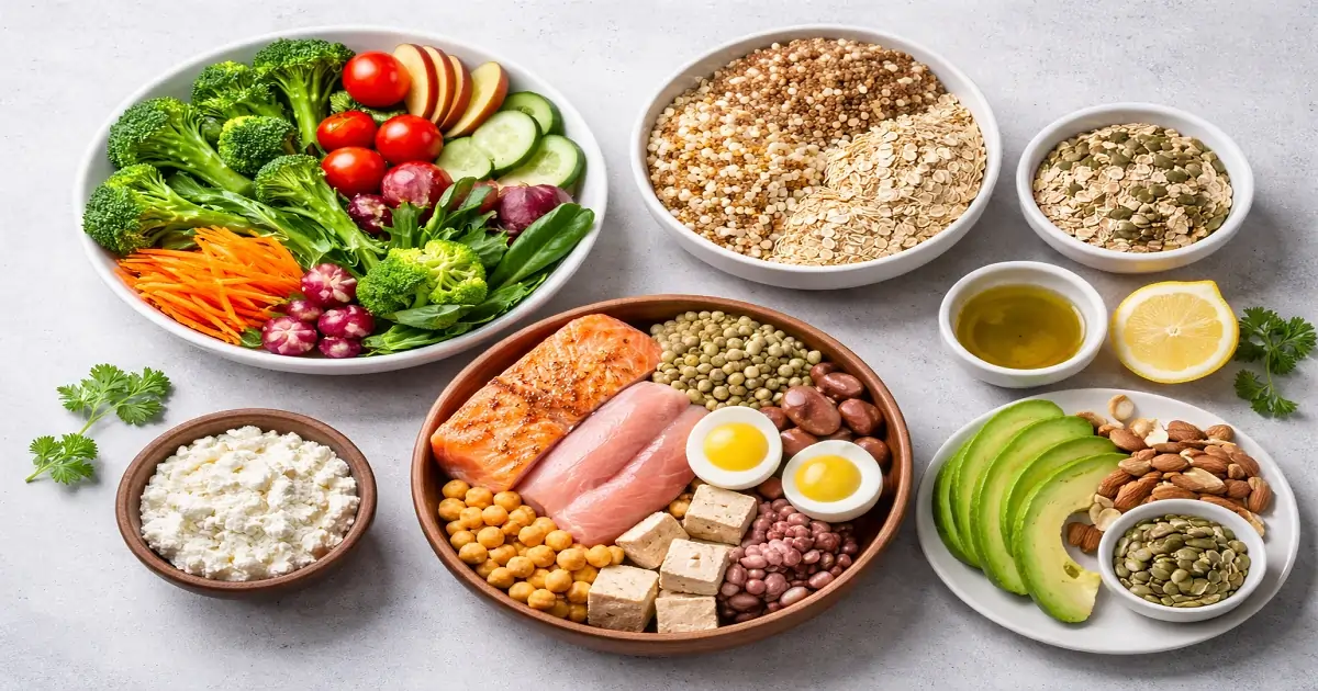 Fresh vegetables, fruits, grains, protein foods, and healthy fats shown separately as healthy food groups