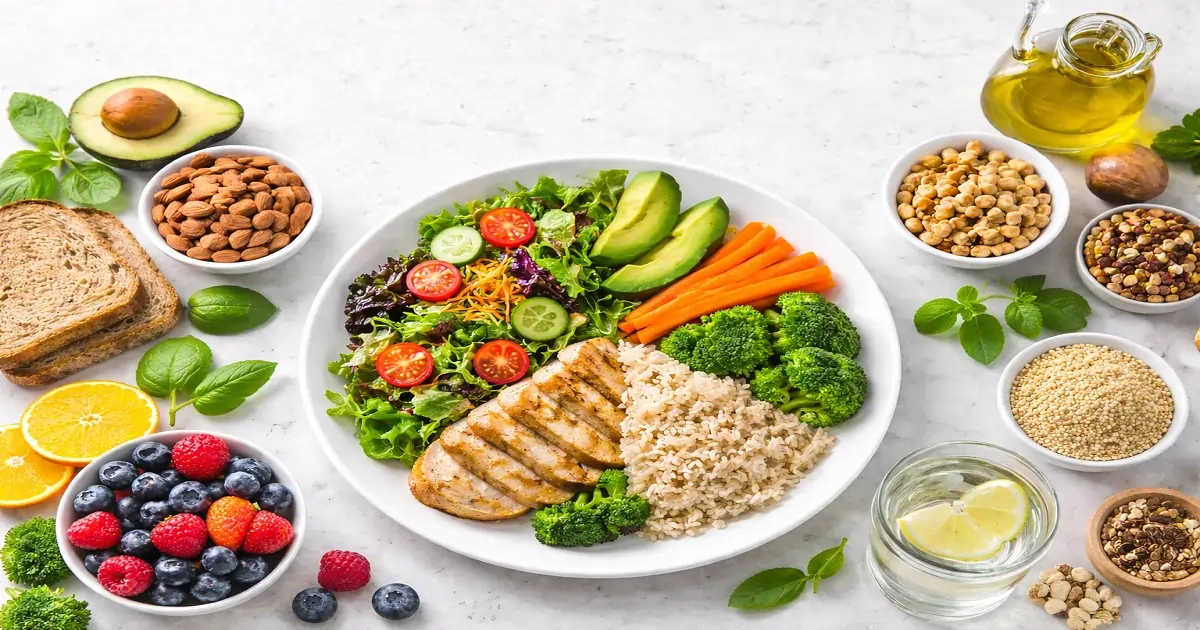 Balanced plate showing variety, portions, and food groups as part of a healthy diet