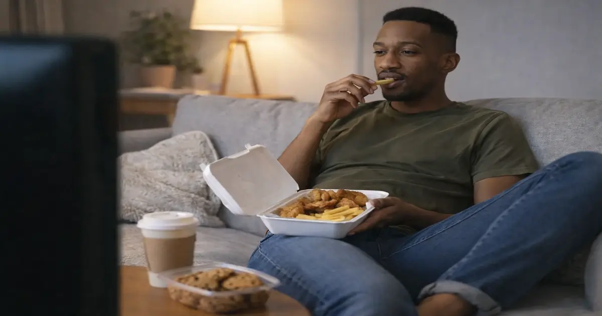 Man eating takeout food at home, showing how daily habits and routines can disrupt healthy eating