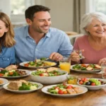 Balanced meals shared by children, adults, and seniors showing healthy eating across life stages