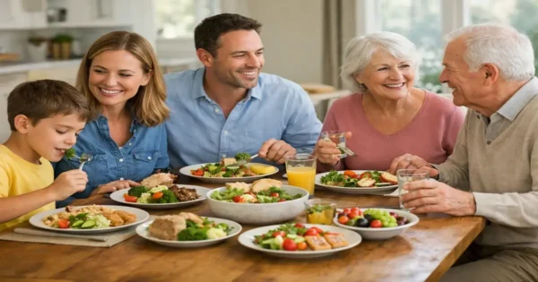 Balanced meals shared by children, adults, and seniors showing healthy eating across life stages