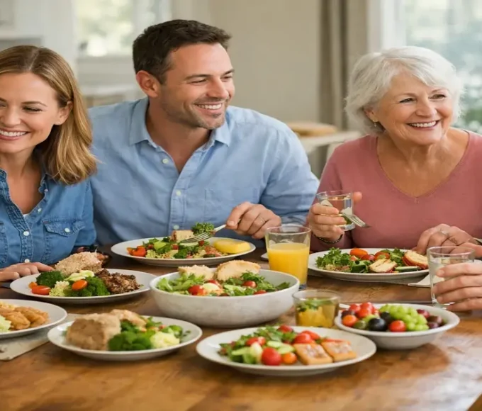 Balanced meals shared by children, adults, and seniors showing healthy eating across life stages
