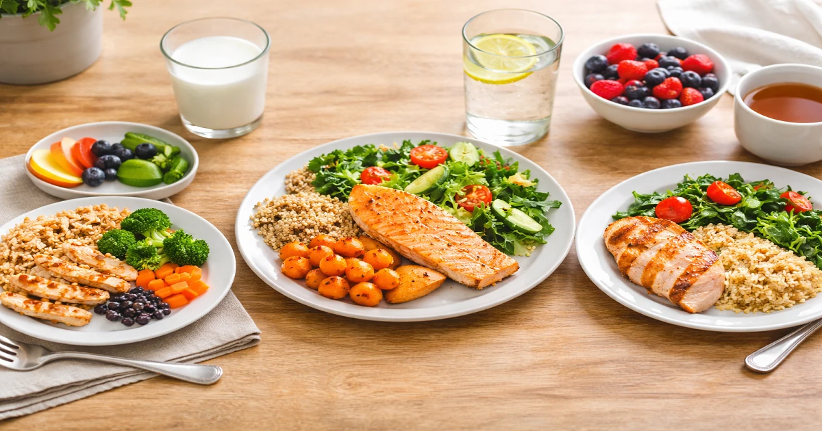 Balanced meals for children, adults, and seniors showing age-appropriate nutrition portions