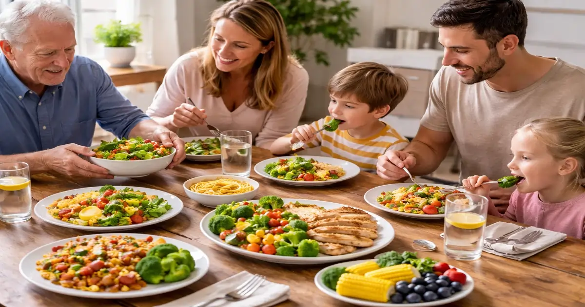 Multigenerational family sharing a balanced meal with vegetables, grains, and protein at home