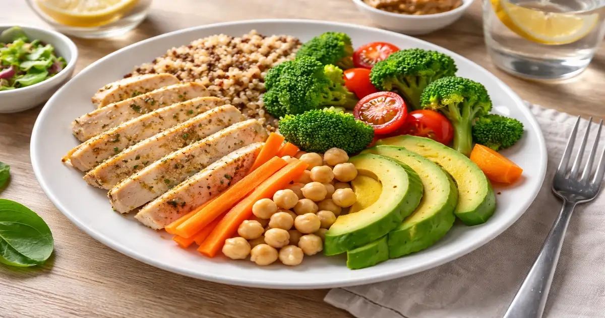 Balanced meal showing grains, vegetables, protein, and healthy fats arranged on a plate