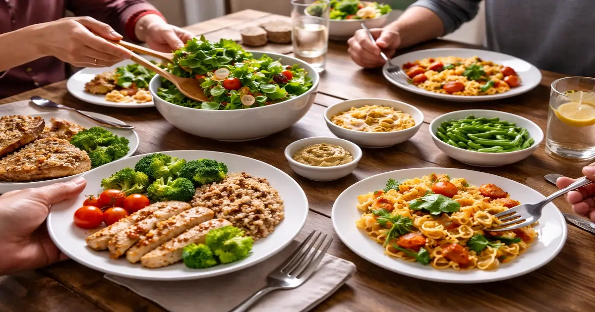 Family-style meal showing everyday eating habits with balanced foods shared at a dining table