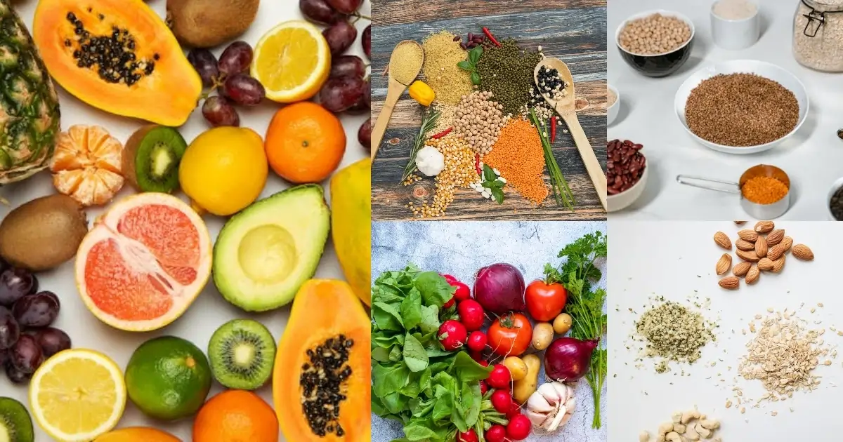 Everyday foods like grains, fruits, vegetables, and legumes that provide essential nutrients