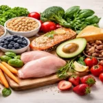 Balanced foods showing sources of essential nutrients for a healthy diet