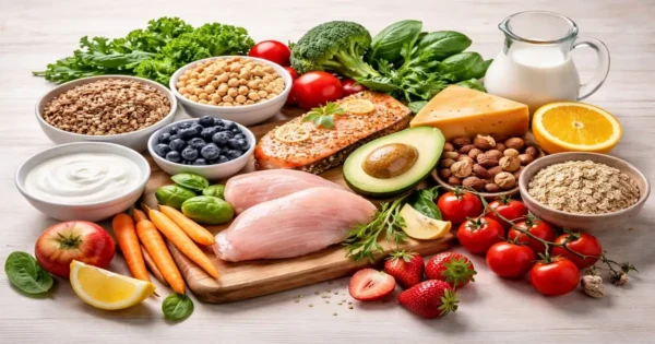 Balanced foods showing sources of essential nutrients for a healthy diet