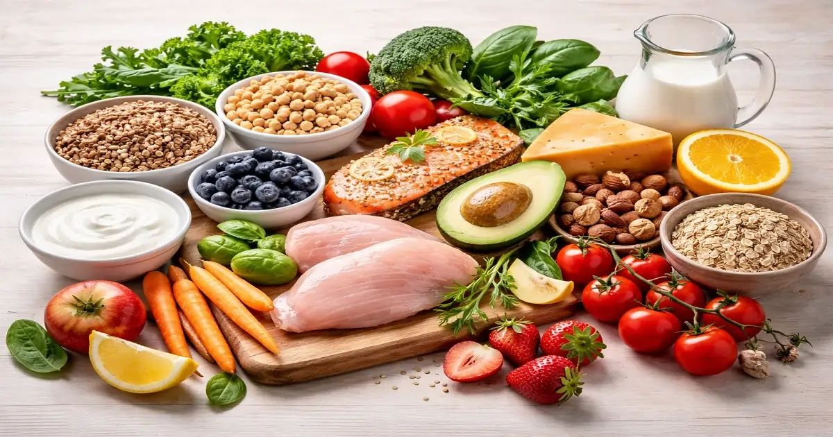 Balanced foods showing sources of essential nutrients for a healthy diet