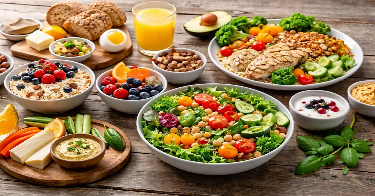 Balanced everyday food choices showing variety without strict rules or labels