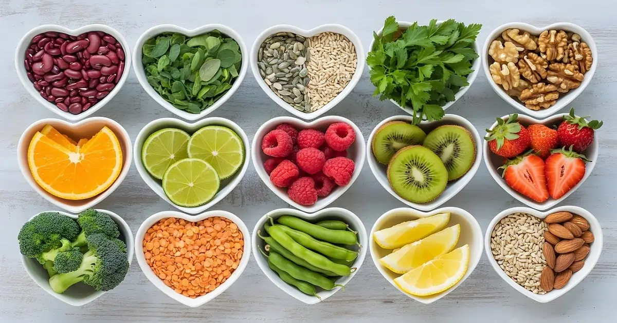 Assorted fruits, vegetables, legumes, nuts, and seeds high in nutrient density