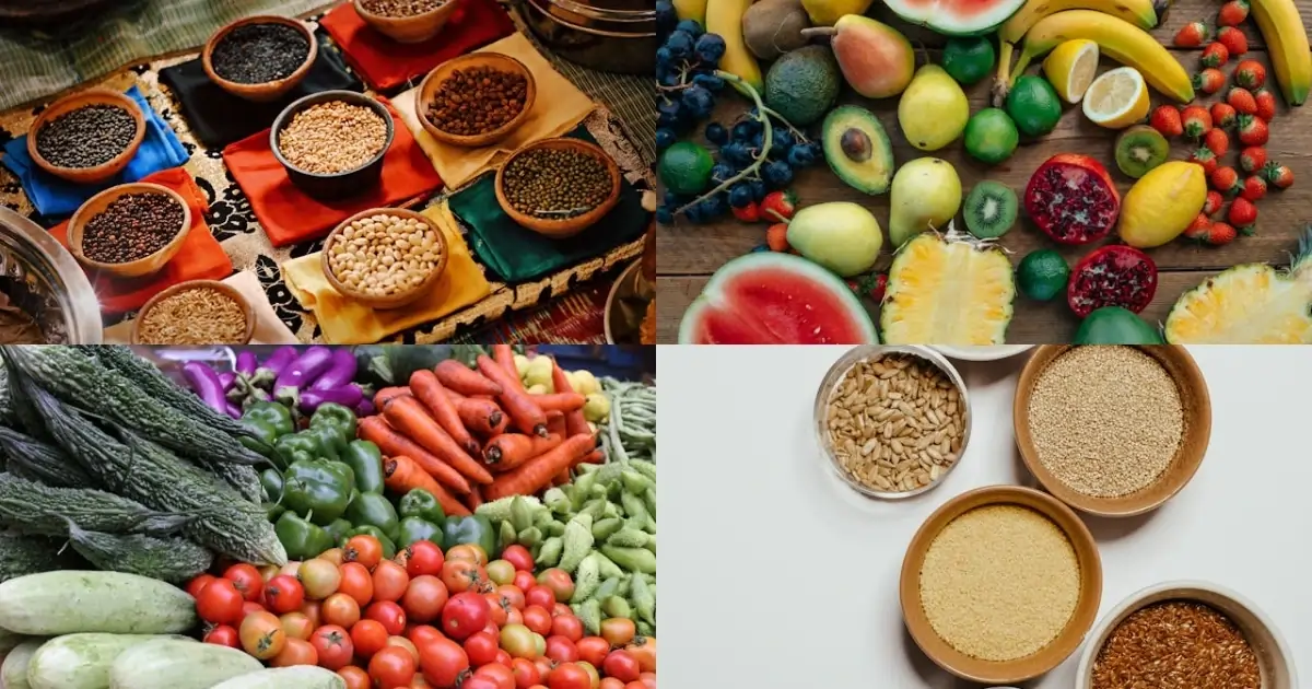 Grains, fruits, vegetables, and legumes showing macronutrients and micronutrients 