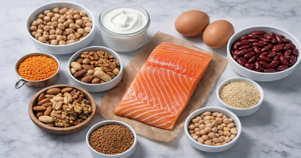 Most nutrient-dense protein sources including salmon, eggs, lentils, chickpeas, and nuts