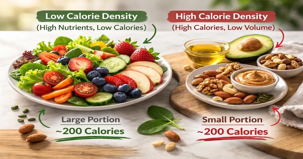 Large salad and small nut portion showing nutrient and calorie density contrast