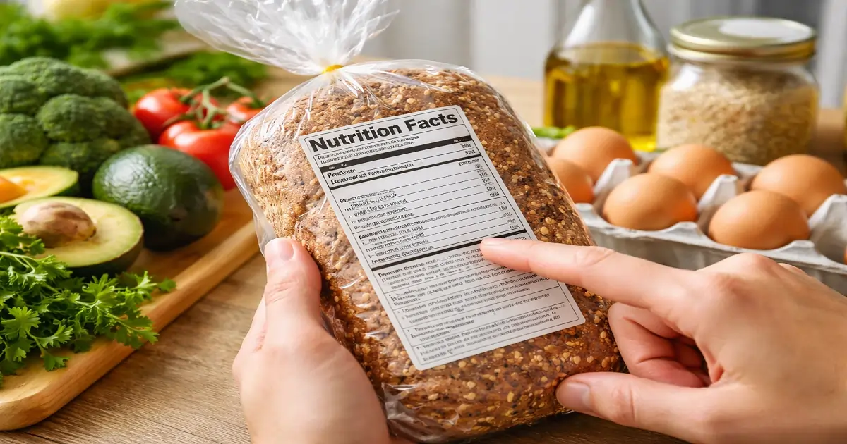 Person reading nutrition label on whole grain bread with fresh foods in background
