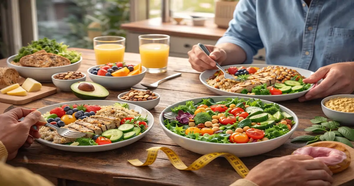 People sharing a balanced meal, showing a calm and flexible approach to healthy eating