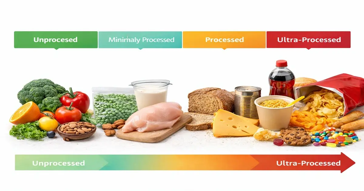 Food processing spectrum showing whole foods, processed foods, and ultra-processed snack foods