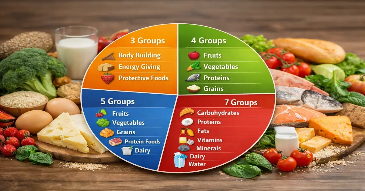 Classification of food groups in nutrition showing different types of food group systems