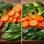 Raw vs cooked vegetables showing how cooking affects nutrients like vitamins and antioxidants in food