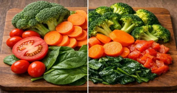Raw vs cooked vegetables showing how cooking affects nutrients like vitamins and antioxidants in food