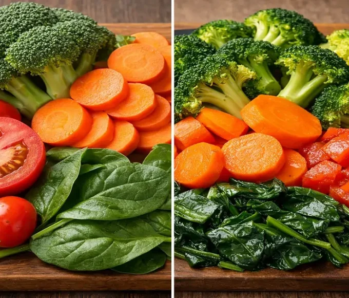 Raw vs cooked vegetables showing how cooking affects nutrients like vitamins and antioxidants in food