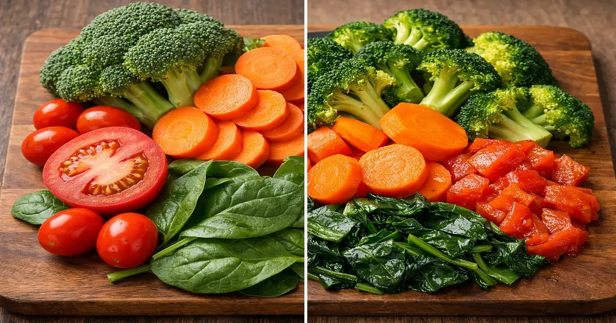 Raw vs cooked vegetables showing how cooking affects nutrients like vitamins and antioxidants in food