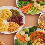 Different food groups including grains legumes vegetables and nuts showing dietary diversity