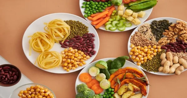 Different food groups including grains legumes vegetables and nuts showing dietary diversity