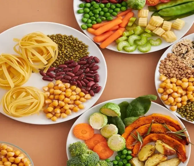 Different food groups including grains legumes vegetables and nuts showing dietary diversity