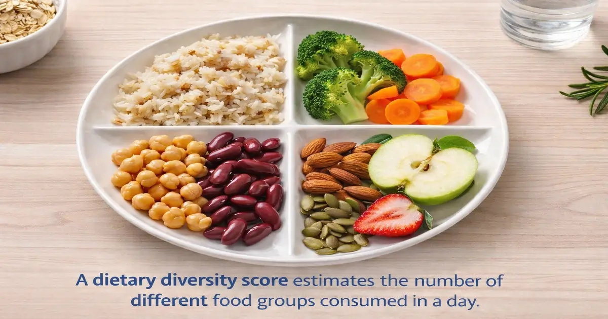 Plate showing grains, legumes, vegetables, nuts, and fruit used to illustrate a dietary diversity score