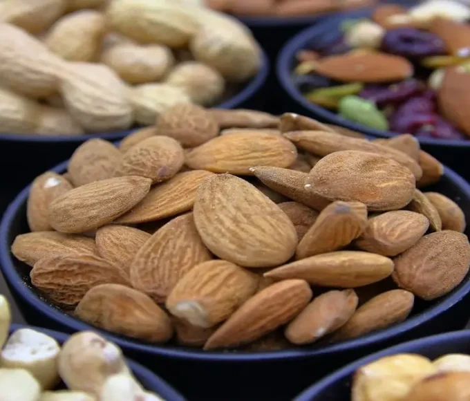 Small bowls of almonds, pecans, and pumpkin seeds showing energy-dense foods