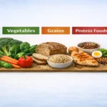 Five food groups chart showing fruits, vegetables, grains, protein foods, and dairy items
