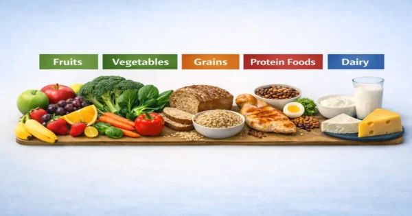 Five food groups chart showing fruits, vegetables, grains, protein foods, and dairy items