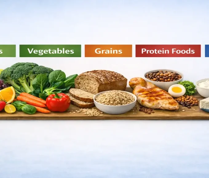 Five food groups chart showing fruits, vegetables, grains, protein foods, and dairy items