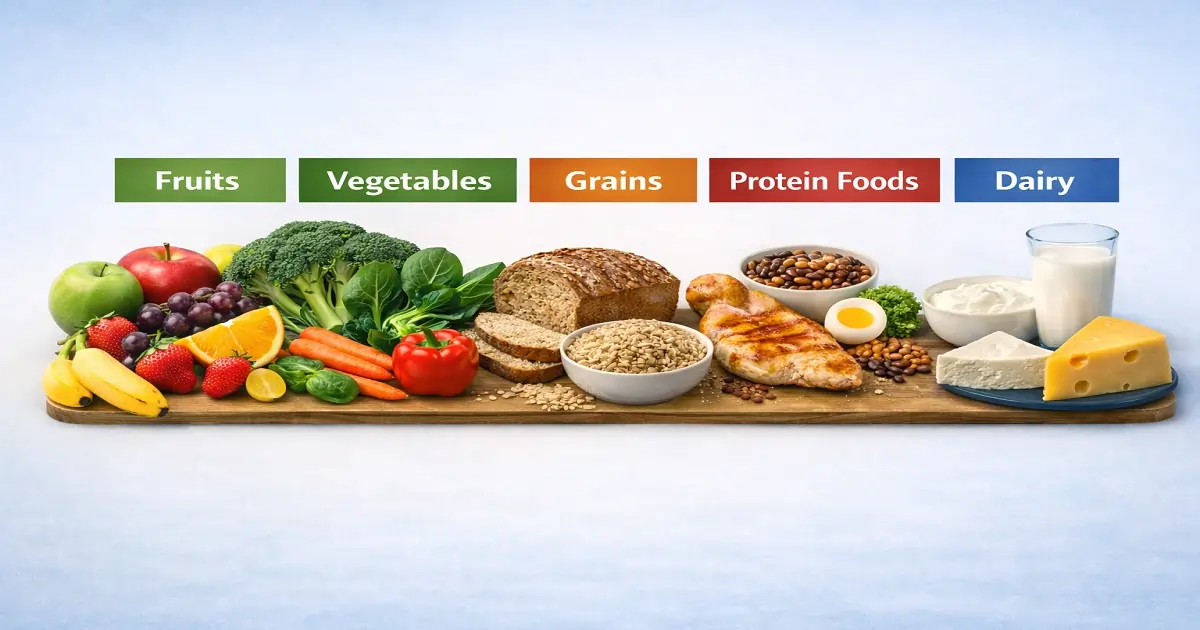 Five food groups chart showing fruits, vegetables, grains, protein foods, and dairy items