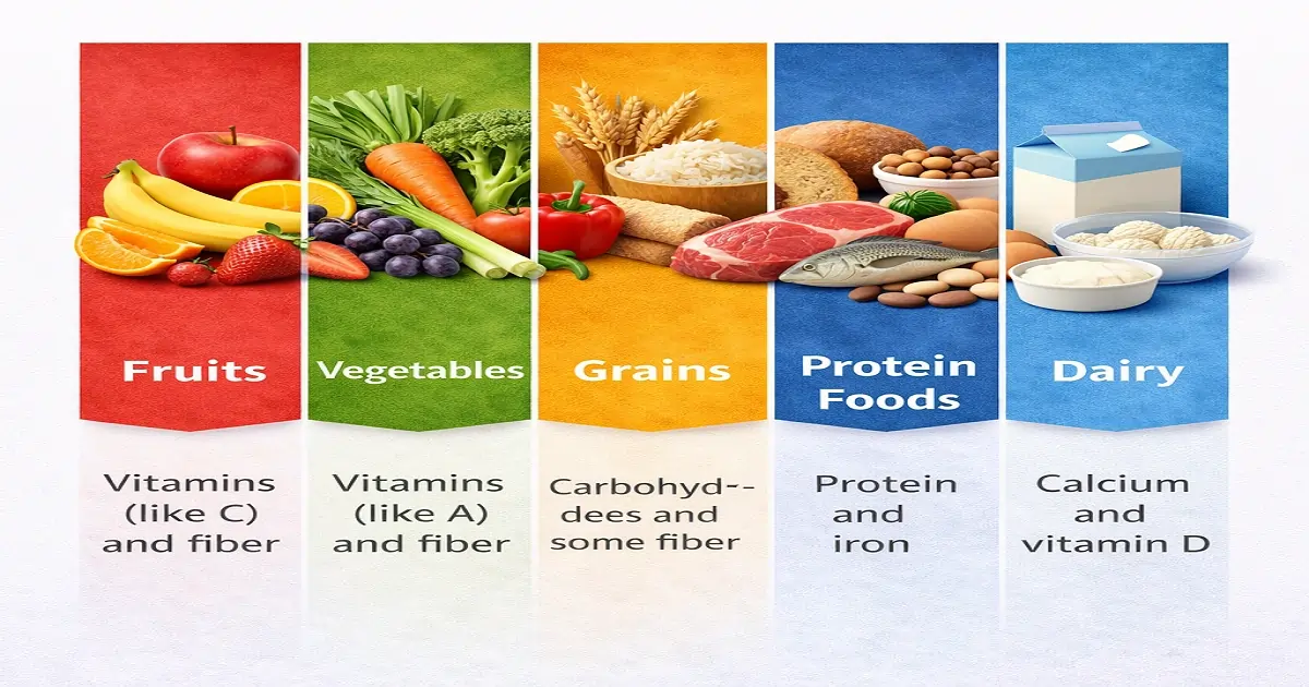 Five food groups chart showing fruits vegetables grains protein foods and dairy with examples